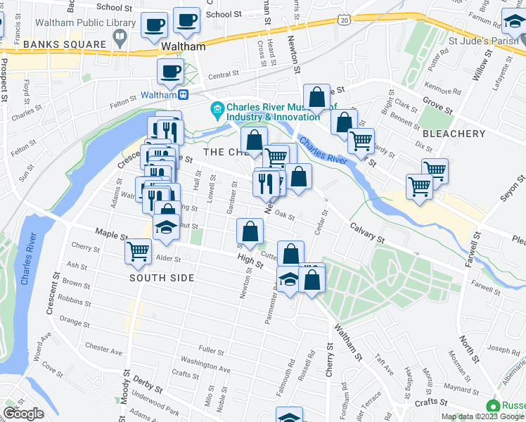 map of restaurants, bars, coffee shops, grocery stores, and more near 241 Newton Street in Waltham