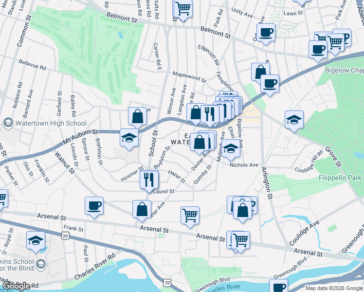 map of restaurants, bars, coffee shops, grocery stores, and more near 156 Nichols Avenue in Watertown