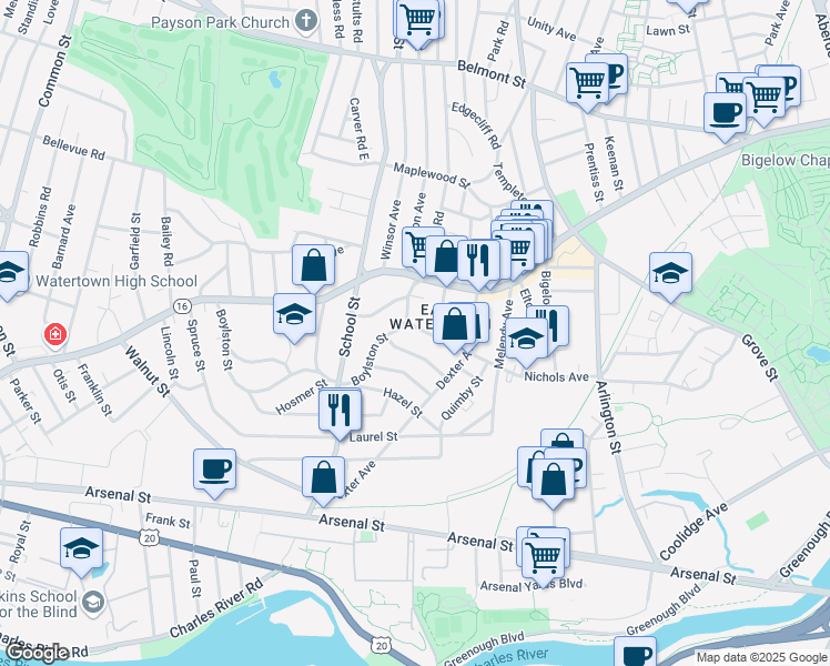 map of restaurants, bars, coffee shops, grocery stores, and more near 156 Nichols Avenue in Watertown