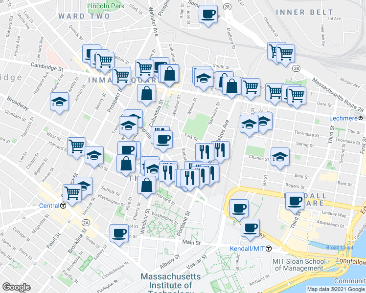 map of restaurants, bars, coffee shops, grocery stores, and more near Webster Ave & Plymouth St in Cambridge