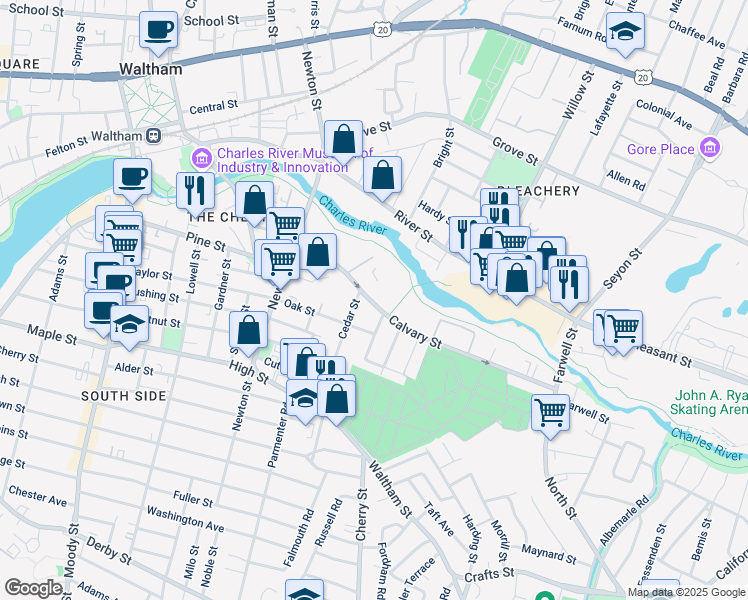 map of restaurants, bars, coffee shops, grocery stores, and more near 94 Calvary Street in Waltham