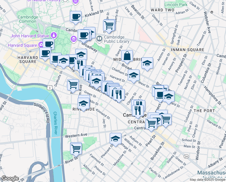 map of restaurants, bars, coffee shops, grocery stores, and more near 929 Massachusetts Avenue in Cambridge