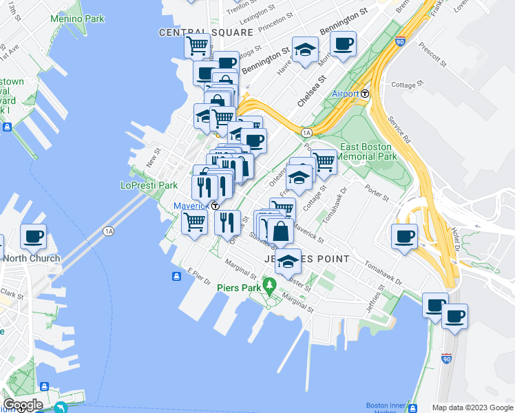 map of restaurants, bars, coffee shops, grocery stores, and more near 89 Orleans Street in Boston