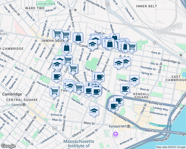 map of restaurants, bars, coffee shops, grocery stores, and more near 14 Vandine Street in Cambridge
