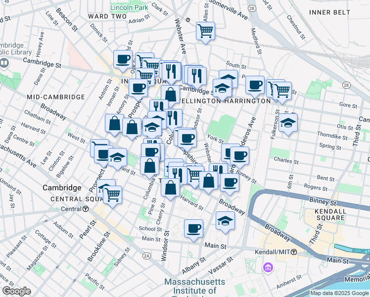 map of restaurants, bars, coffee shops, grocery stores, and more near 100 Hampshire Street in Cambridge