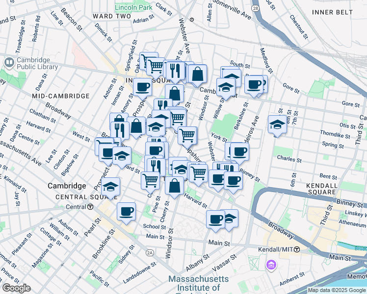 map of restaurants, bars, coffee shops, grocery stores, and more near 100 Hampshire Street in Cambridge