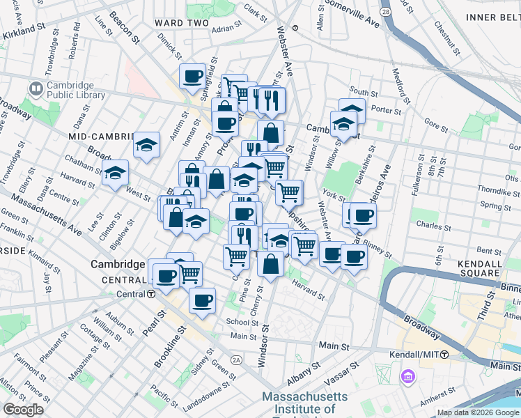 map of restaurants, bars, coffee shops, grocery stores, and more near 235 Columbia Street in Cambridge