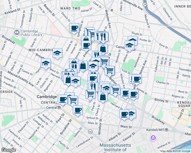 map of restaurants, bars, coffee shops, grocery stores, and more near 235 Columbia Street in Cambridge