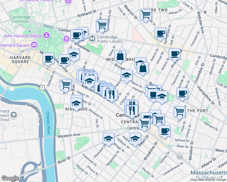 map of restaurants, bars, coffee shops, grocery stores, and more near 106 Hancock Street in Cambridge