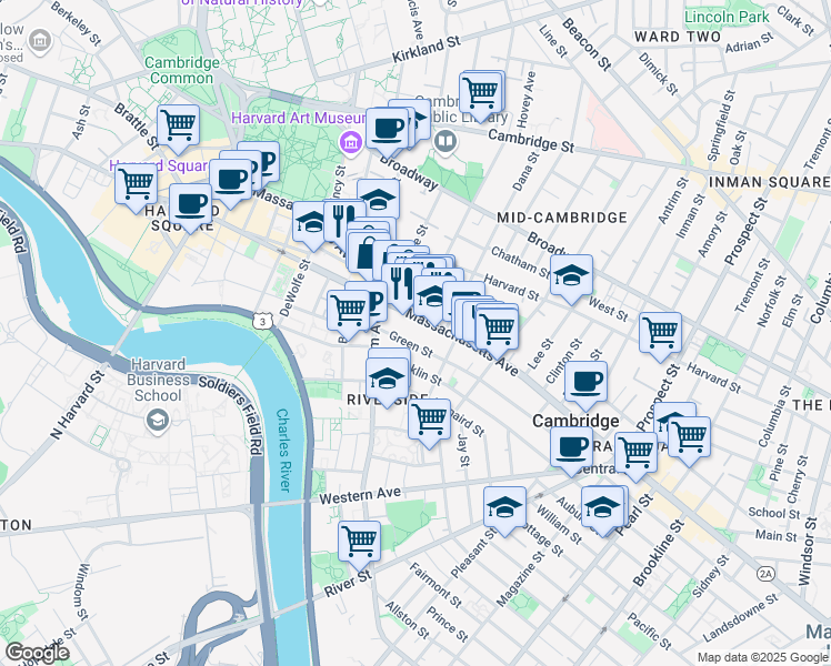 map of restaurants, bars, coffee shops, grocery stores, and more near 629 Green Street in Cambridge