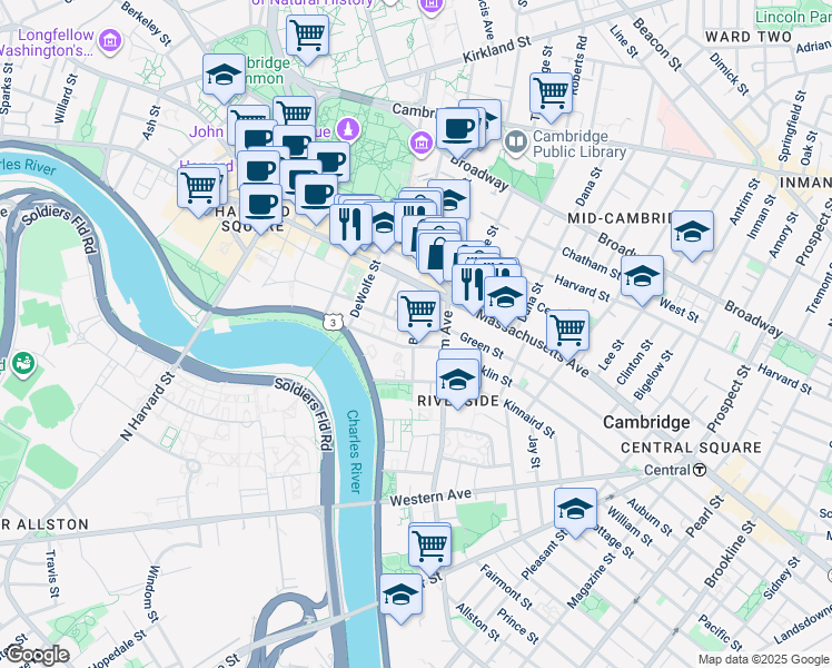 map of restaurants, bars, coffee shops, grocery stores, and more near 69 Bank Avenue in Cambridge