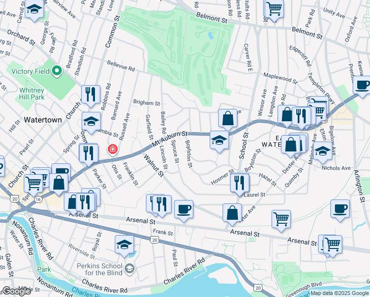 map of restaurants, bars, coffee shops, grocery stores, and more near 33 Boylston Street in Watertown