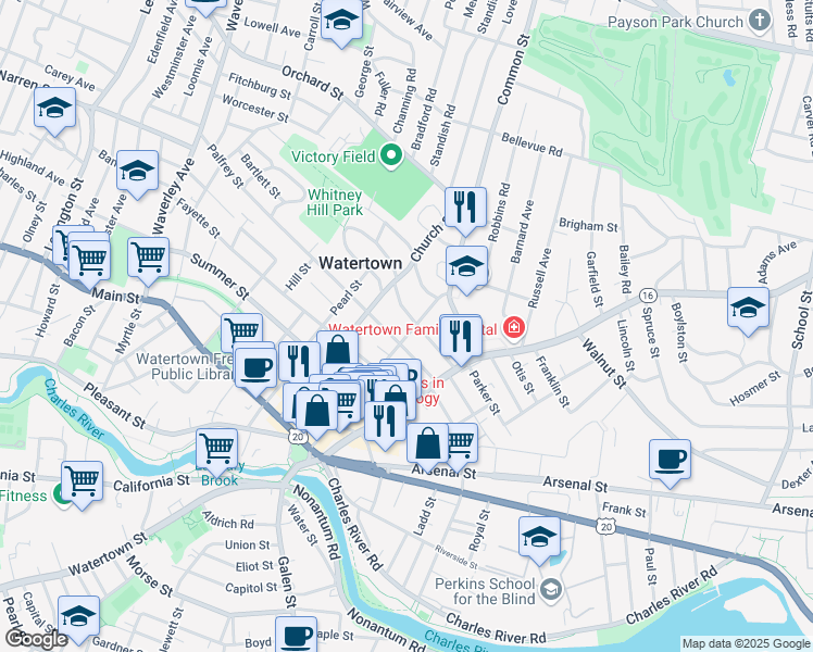 map of restaurants, bars, coffee shops, grocery stores, and more near 50 Marshall Street in Watertown
