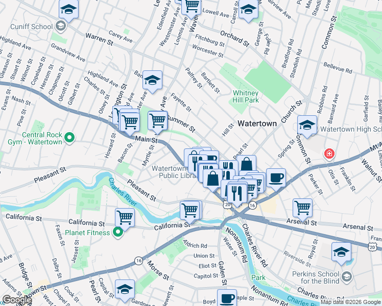 map of restaurants, bars, coffee shops, grocery stores, and more near 24 Whites Avenue in Watertown