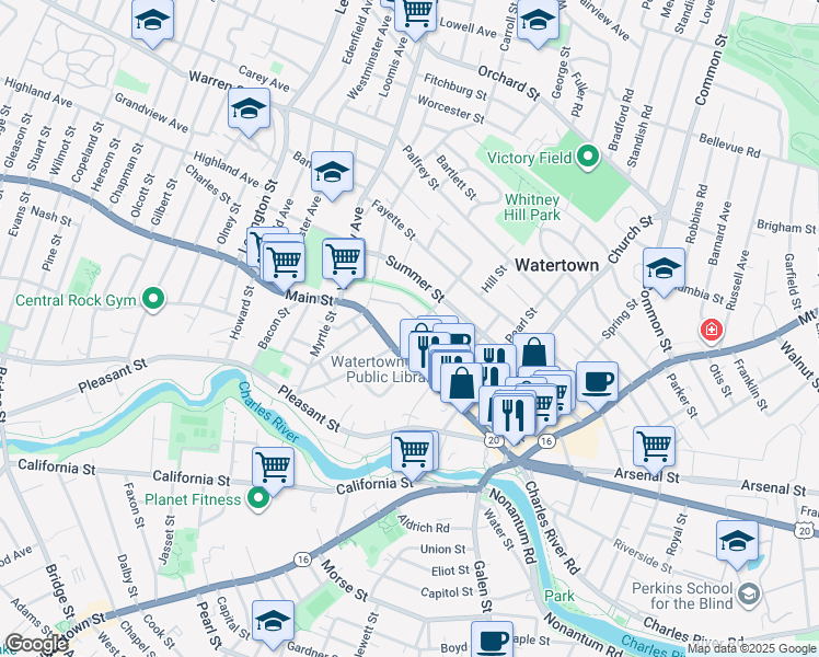 map of restaurants, bars, coffee shops, grocery stores, and more near 24 Whites Avenue in Watertown