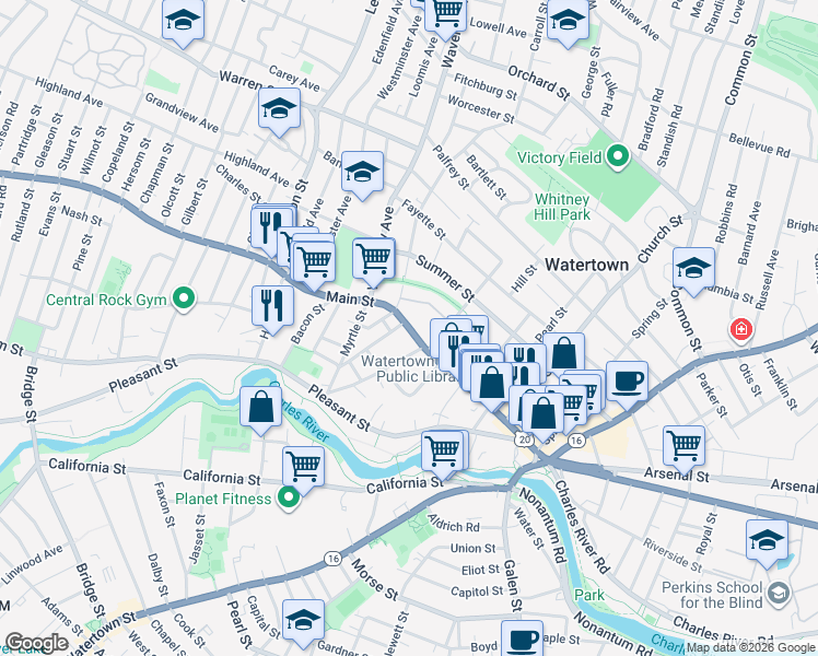 map of restaurants, bars, coffee shops, grocery stores, and more near 262 U.S. 20 in Watertown