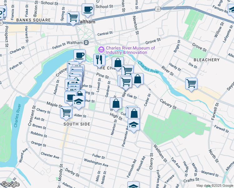 map of restaurants, bars, coffee shops, grocery stores, and more near 104 Cushing Street in Waltham