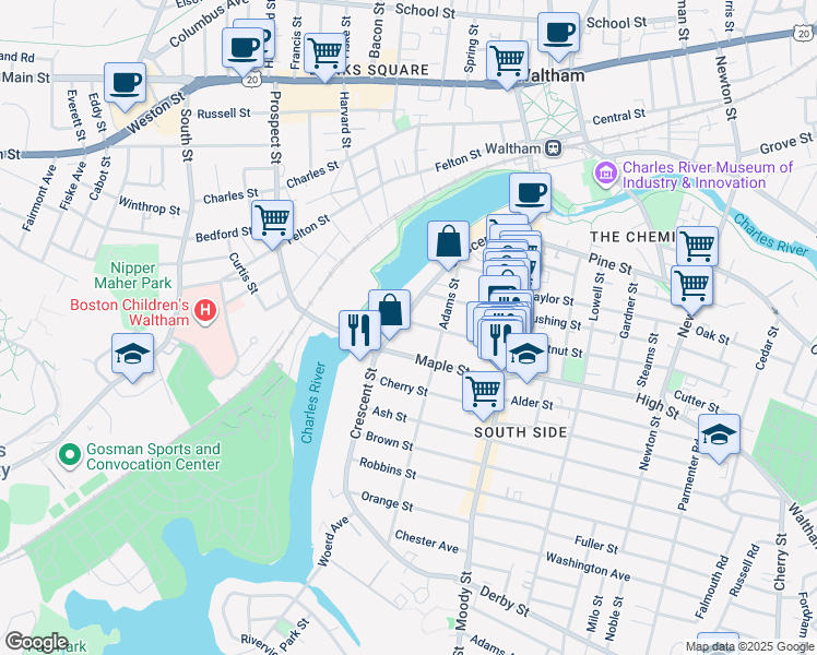 map of restaurants, bars, coffee shops, grocery stores, and more near 9 Chestnut Street in Waltham