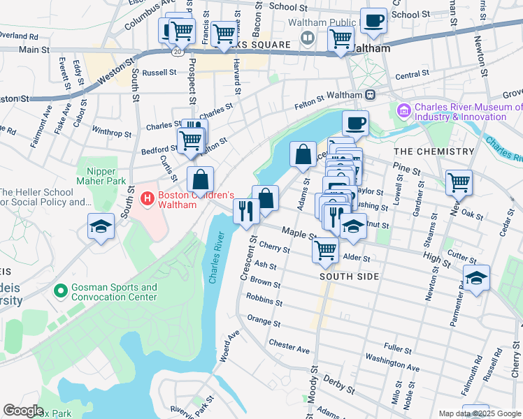 map of restaurants, bars, coffee shops, grocery stores, and more near 151 Crescent Street in Waltham