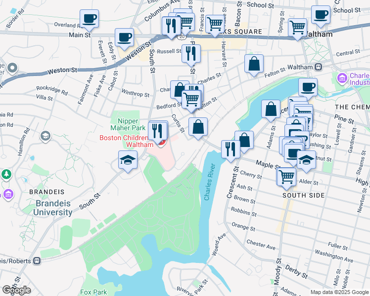 map of restaurants, bars, coffee shops, grocery stores, and more near 70 Hope Avenue in Waltham
