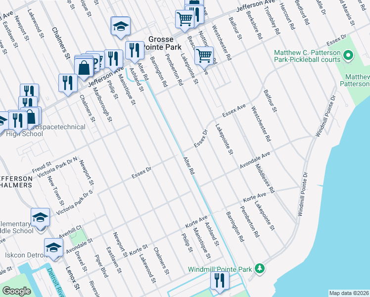 map of restaurants, bars, coffee shops, grocery stores, and more near 785 Essex Drive in Detroit