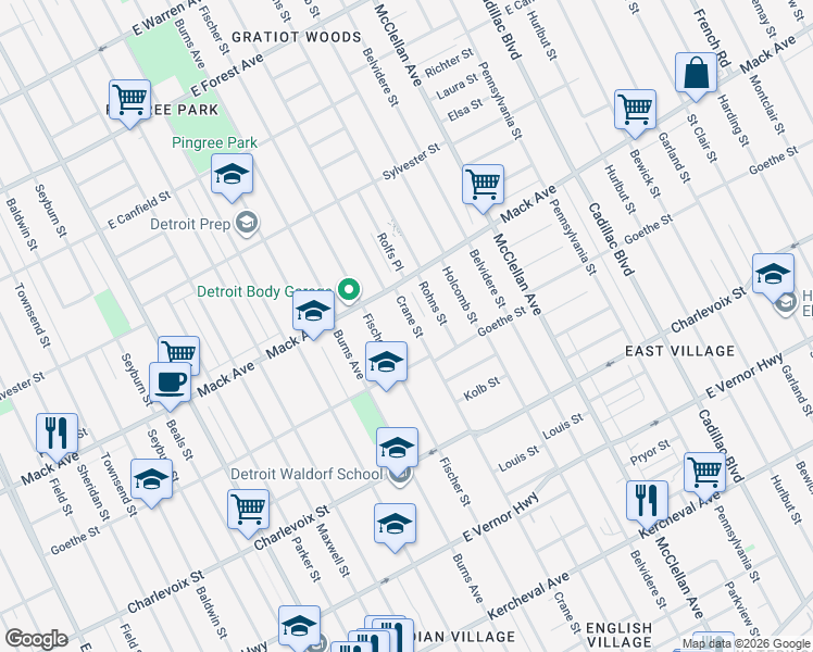 map of restaurants, bars, coffee shops, grocery stores, and more near 3480 Fischer Street in Detroit