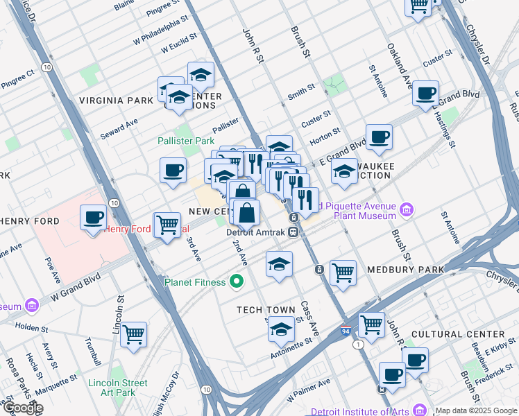 map of restaurants, bars, coffee shops, grocery stores, and more near 6522 Cass Avenue in Detroit