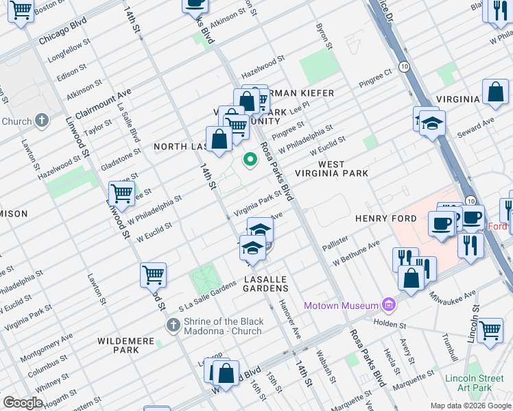 map of restaurants, bars, coffee shops, grocery stores, and more near 2021 Virginia Park Street in Detroit