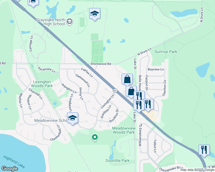 map of restaurants, bars, coffee shops, grocery stores, and more near 238 Lexington Court in Grayslake