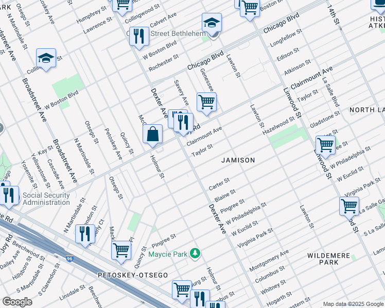 map of restaurants, bars, coffee shops, grocery stores, and more near 9000 Dexter Avenue in Detroit
