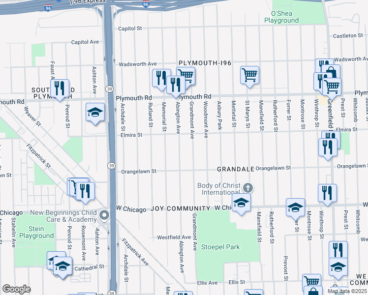 map of restaurants, bars, coffee shops, grocery stores, and more near 9995 Abington Avenue in Detroit
