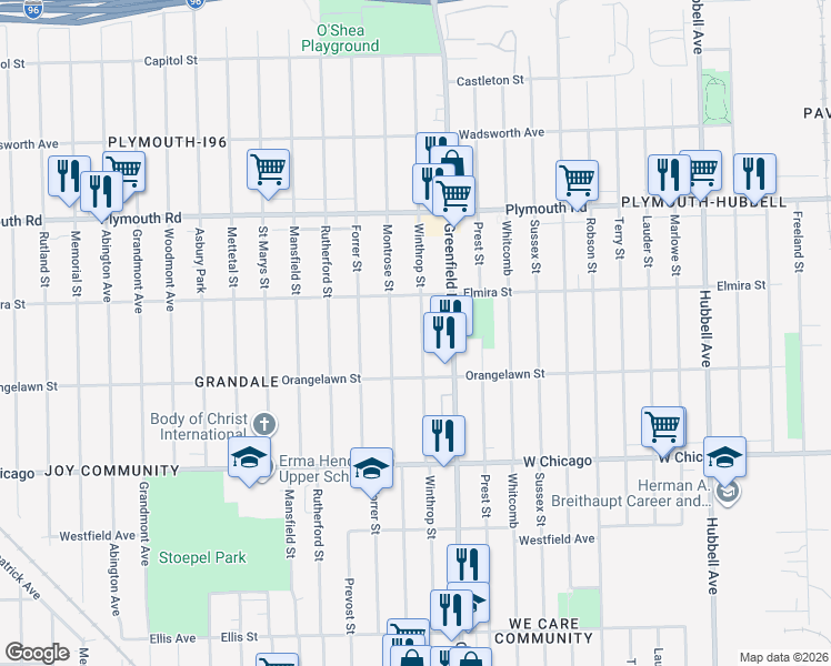 map of restaurants, bars, coffee shops, grocery stores, and more near 9987 Winthrop Street in Detroit