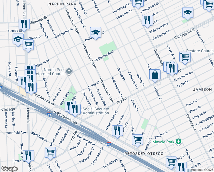 map of restaurants, bars, coffee shops, grocery stores, and more near 9350 Broadstreet Avenue in Detroit