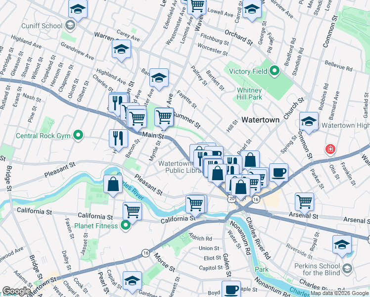 map of restaurants, bars, coffee shops, grocery stores, and more near 245 Main Street in Watertown