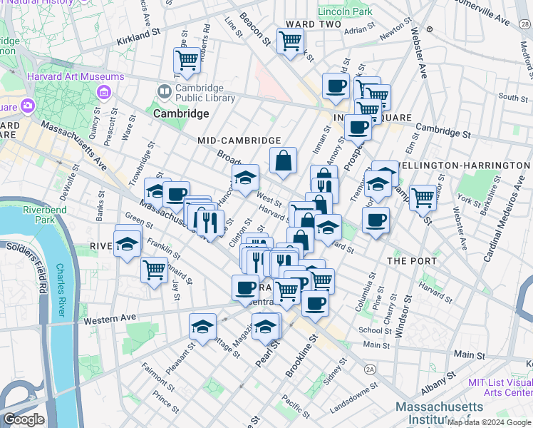 map of restaurants, bars, coffee shops, grocery stores, and more near 284 Harvard Street in Cambridge