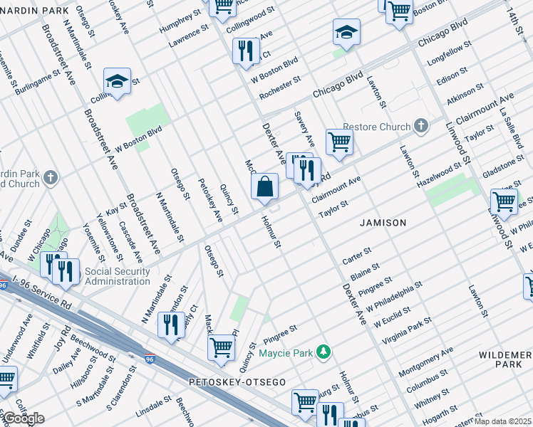 map of restaurants, bars, coffee shops, grocery stores, and more near 3925 Joy Road in Detroit