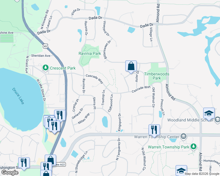 map of restaurants, bars, coffee shops, grocery stores, and more near 7612 Cascade Way in Gurnee