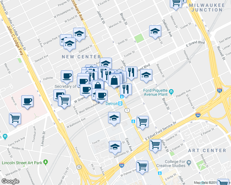 map of restaurants, bars, coffee shops, grocery stores, and more near 6501 Woodward Avenue in Detroit