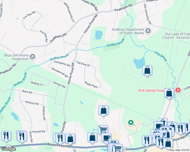 map of restaurants, bars, coffee shops, grocery stores, and more near 98 Bridle Path in Sudbury