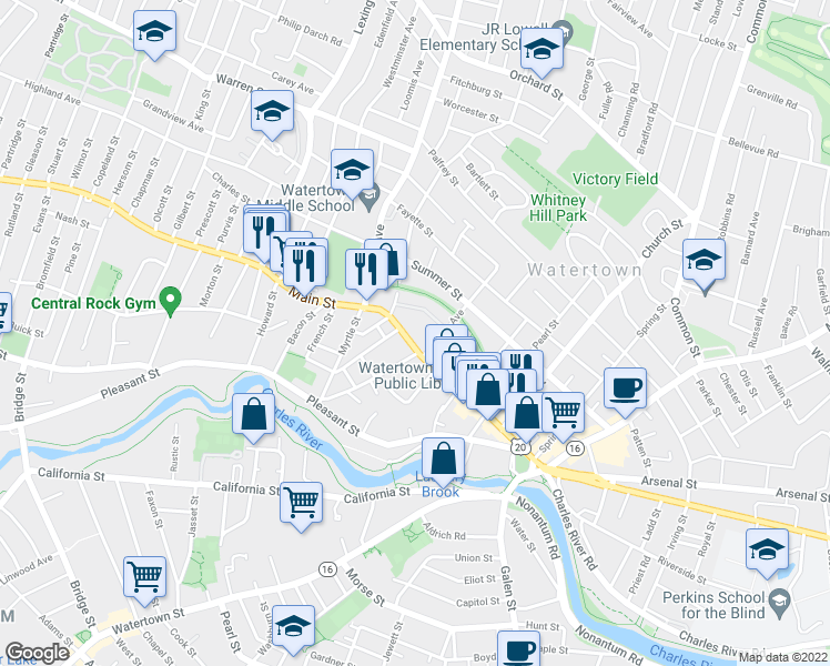 map of restaurants, bars, coffee shops, grocery stores, and more near 247 Main Street in Watertown