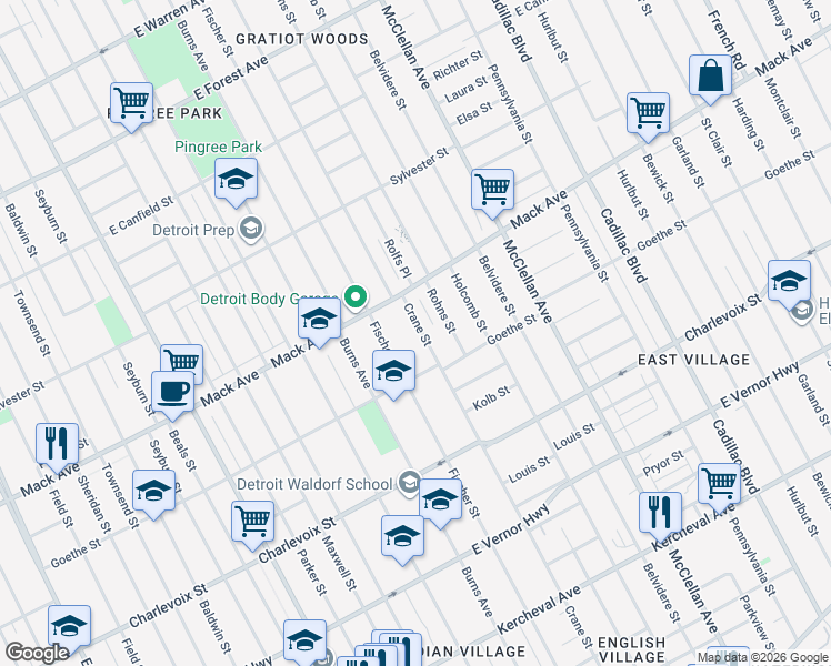 map of restaurants, bars, coffee shops, grocery stores, and more near 3480 Fischer Street in Detroit