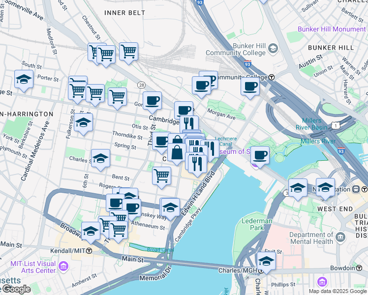 map of restaurants, bars, coffee shops, grocery stores, and more near 51 First Street in Cambridge