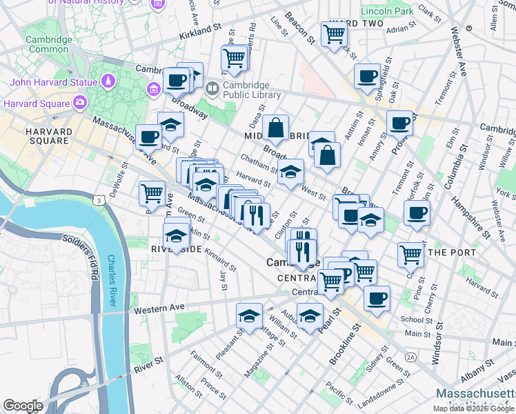 map of restaurants, bars, coffee shops, grocery stores, and more near 104 Hancock Street in Cambridge