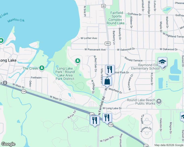 map of restaurants, bars, coffee shops, grocery stores, and more near 1155 North Village Drive in Round Lake Beach