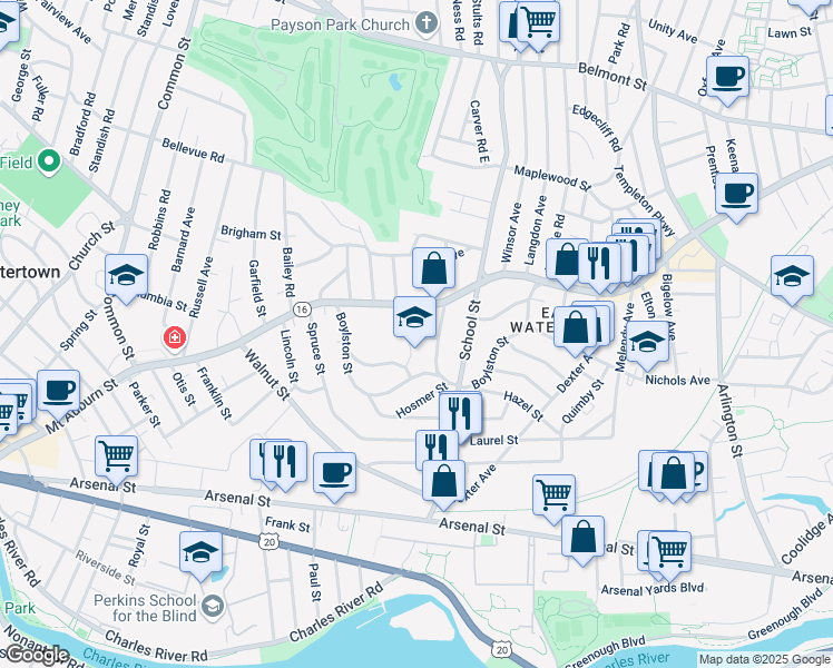 map of restaurants, bars, coffee shops, grocery stores, and more near 48 Hancock Street in Watertown