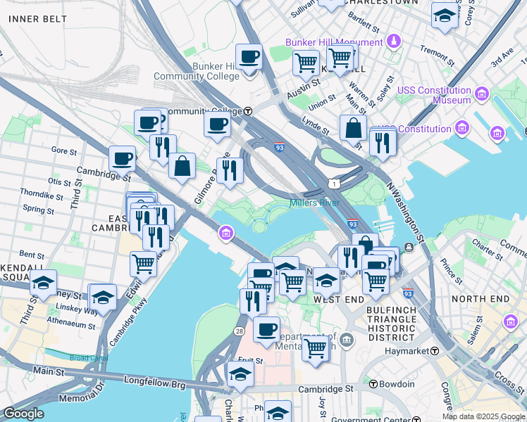 map of restaurants, bars, coffee shops, grocery stores, and more near 1 North Point Boulevard in Cambridge
