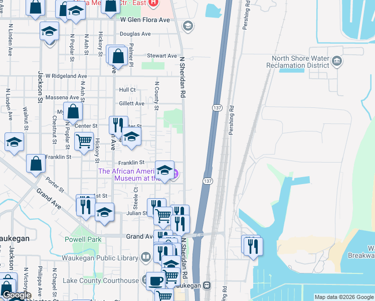 map of restaurants, bars, coffee shops, grocery stores, and more near 619 North Sheridan Road in Waukegan