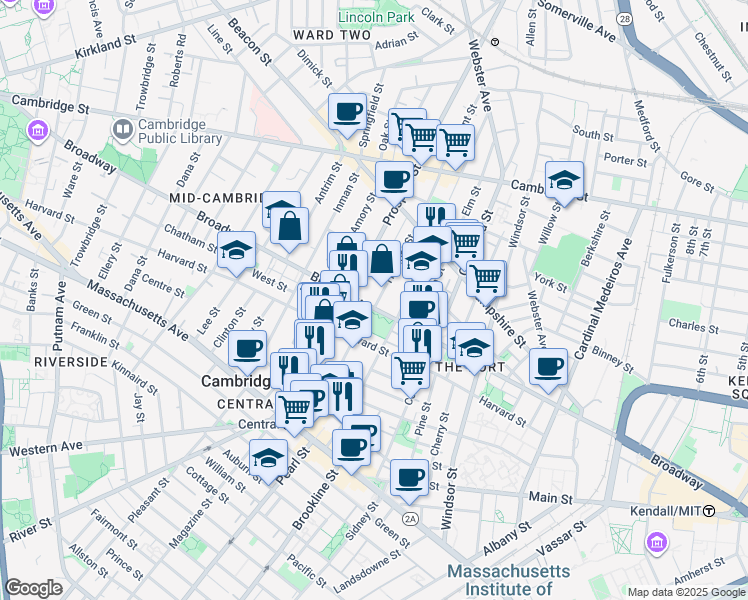 map of restaurants, bars, coffee shops, grocery stores, and more near 305 Broadway in Cambridge