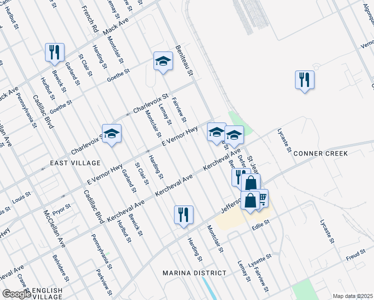 map of restaurants, bars, coffee shops, grocery stores, and more near 2194 Lemay Street in Detroit