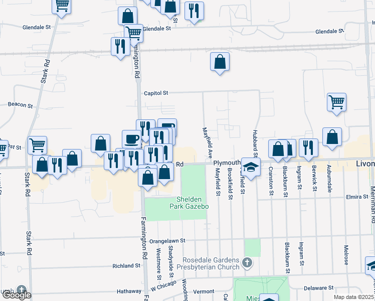 map of restaurants, bars, coffee shops, grocery stores, and more near in Livonia